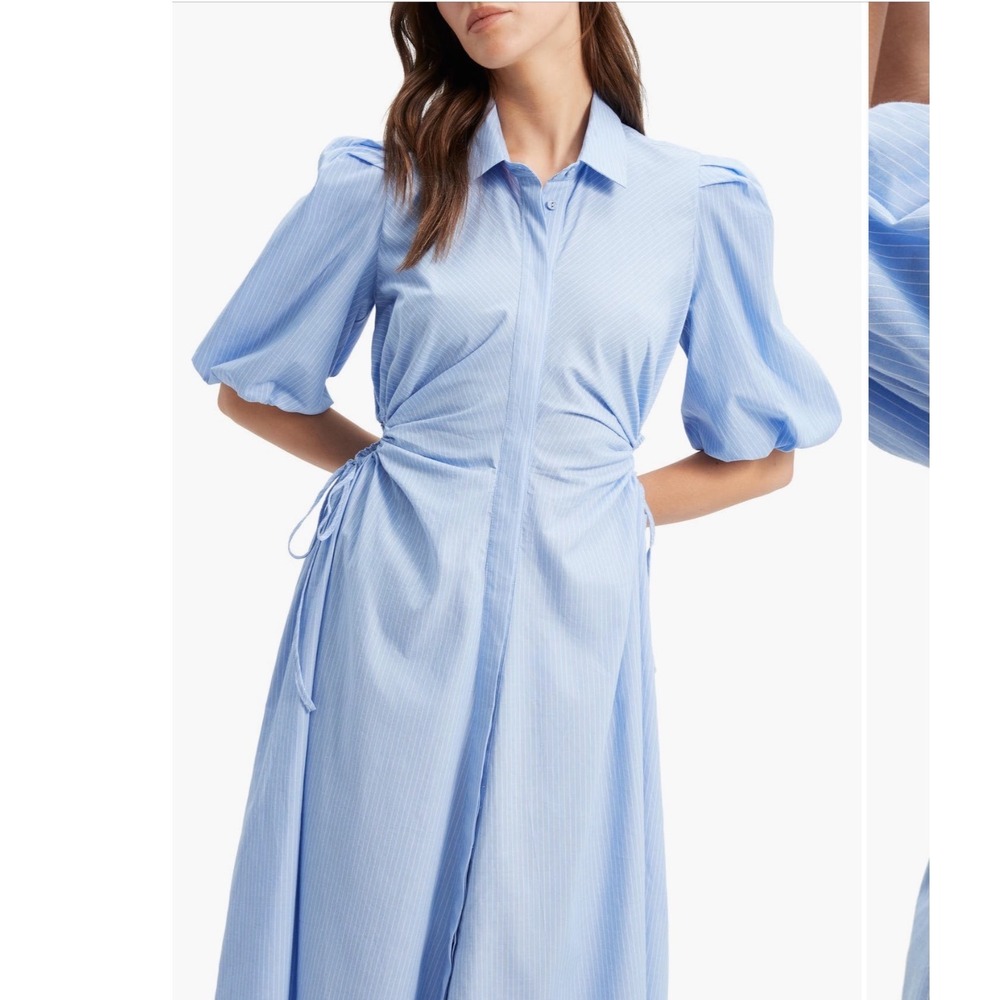 Bardot Cut Out Midi Shirt Dress Blue Pinstripe Puff Sleeve Size M NEW WITH TAGS